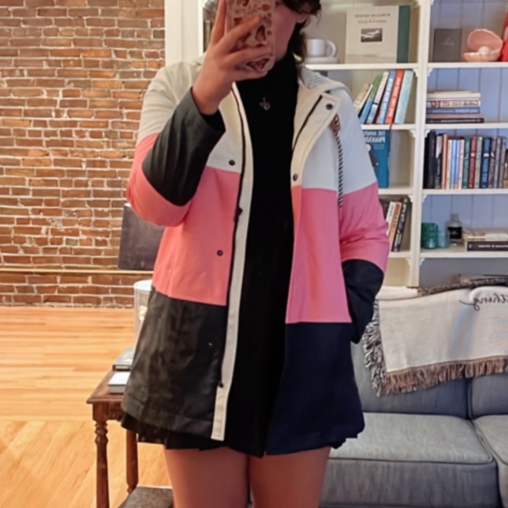 Pink White Navy Blue Talbots Color Block Raincoat